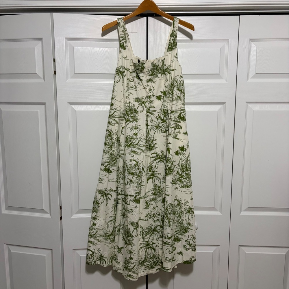 Lands End Sun Dress Womens 14 Green White Tropical Toile Coastal CottageCore